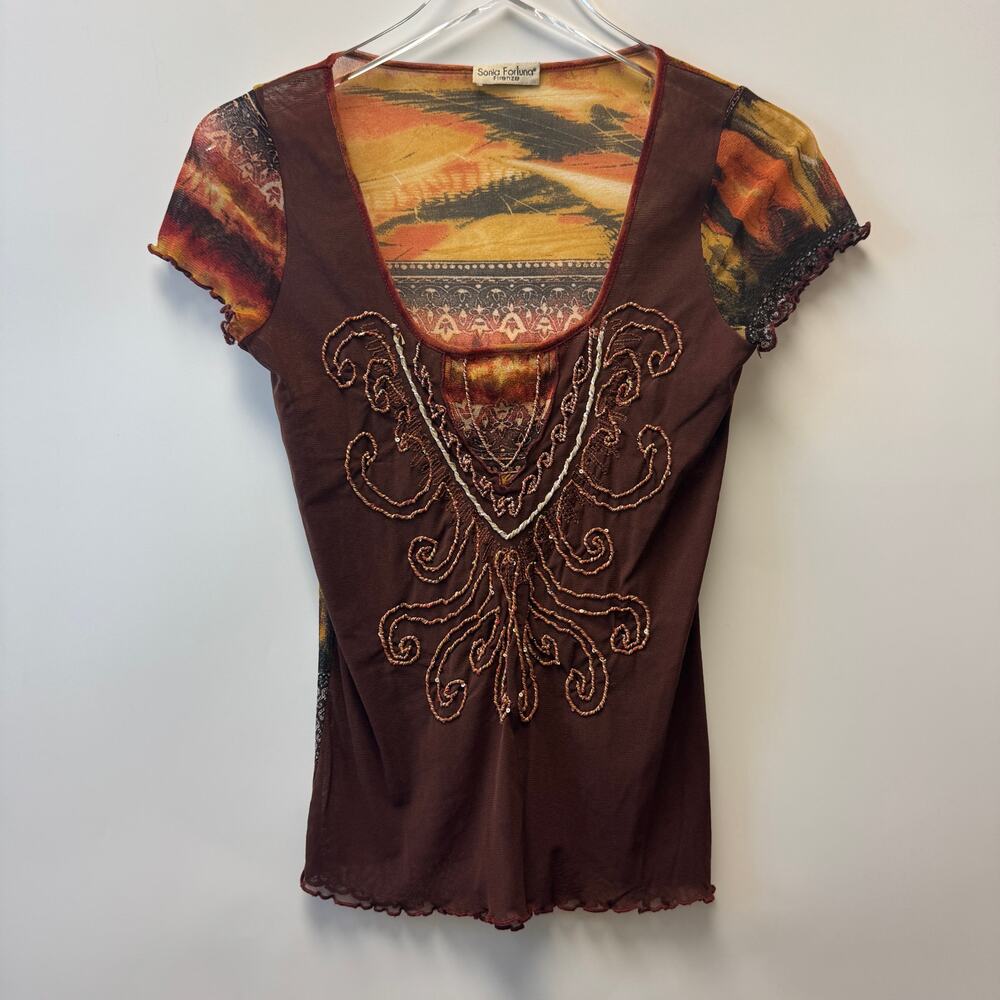 VTG Sonia Fortuna Firenze Short Sleeve Y2K Sheer Embroidered Tee Sz X-Large XL